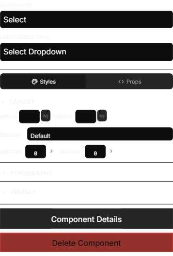 The Styles tab with layout, spacing, and typography controls