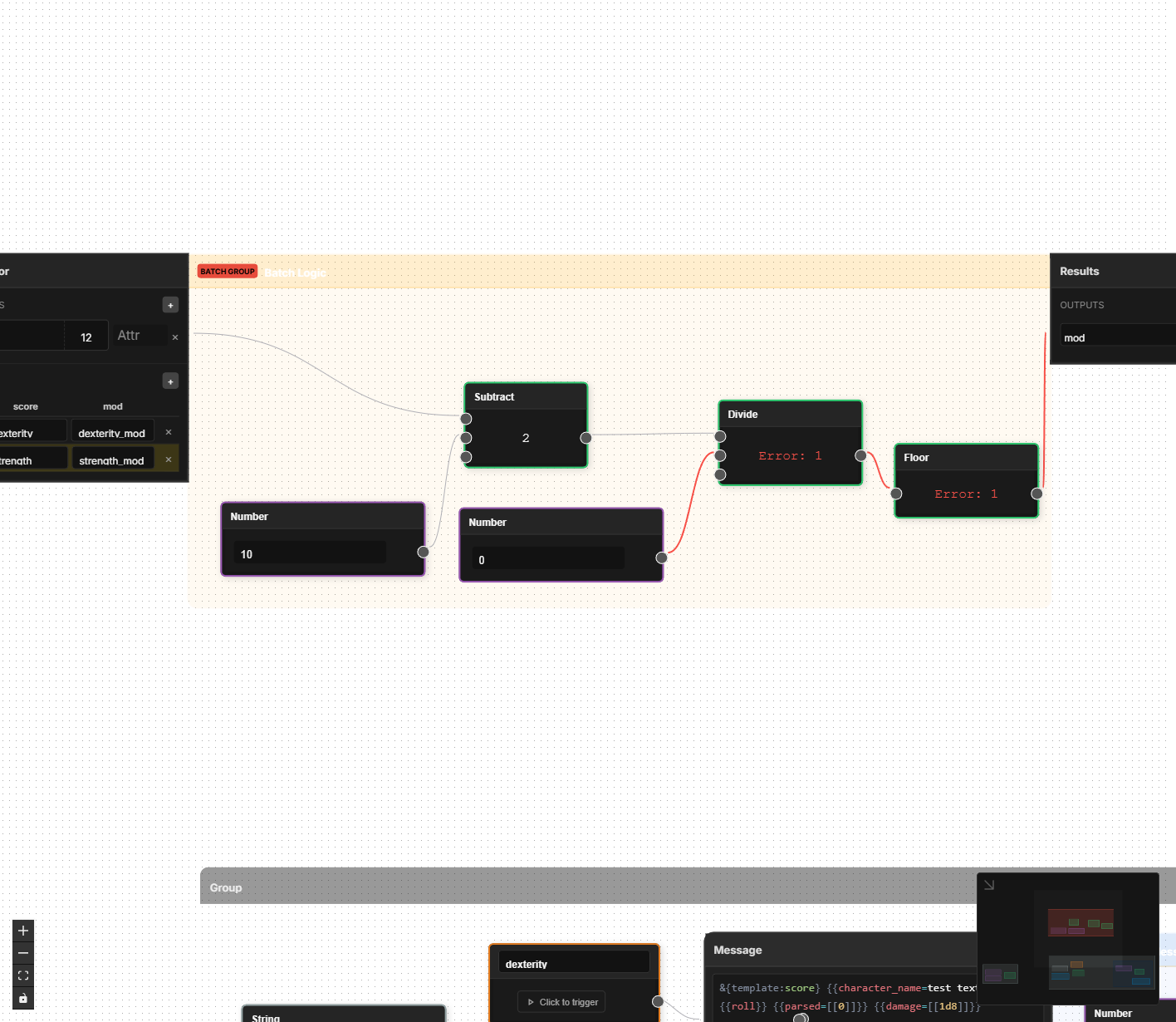 Red error wires on a Divide node indicating a division-by-zero error in the graph