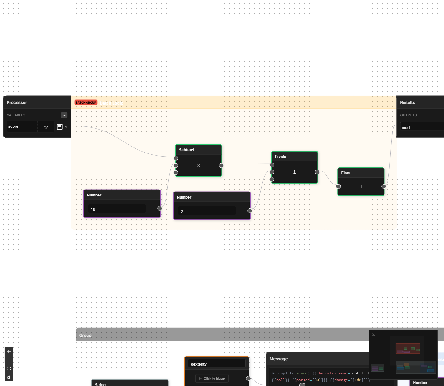 Nodes connected by wires in the Logic Editor, showing data flowing from left to right through Subtract, Divide, and Floor nodes